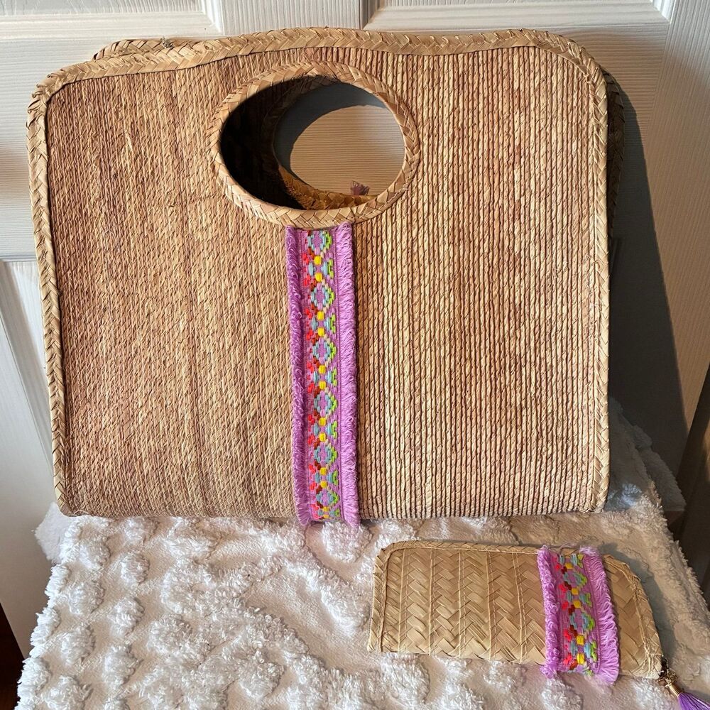 Wicker Rattan Tribal Stripe Tote Handbag And Wallet Beach Bag